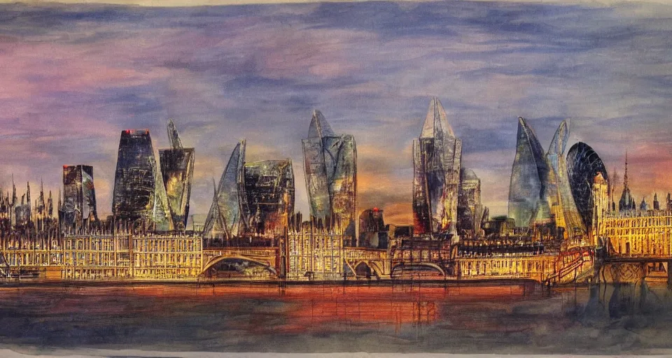 Prompt: color sketch of the london skyline, highly detailed, dramatic lighting, intense shadows, rich deep colours, by salvador dali