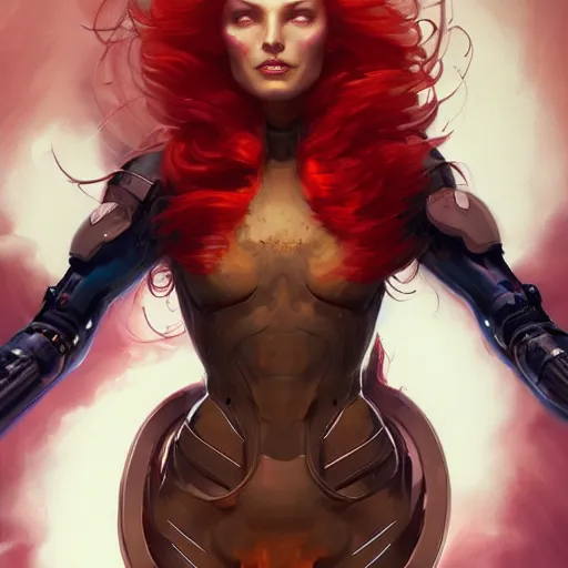 Prompt: portrait x-men Jean Grey as a cyborg with flowing beautiful red hair, art by pete mohrbacher and seb mckinnon and beksinski and josan gonzales, digital art, highly detailed, intricate, sci-fi, sharp focus, Trending on Artstation HQ, deviantart, unreal engine 5, 4K UHD image