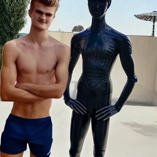 Image similar to a realistic detailed photo of a guy who is an attractive humanoid who is half robot and half humanoid, who is a male android, soccer players martin ødegaard & timo werner, shiny skin, posing like a statue, blank stare, by the pool, on display, showing off his muscles