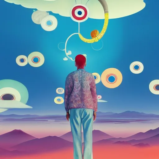 Image similar to a man walking on clouds away from the camera above kyoto by takashi murakami, beeple and james jean, aya takano color style, 4 k, super detailed, modern, 4 k, symmetrical