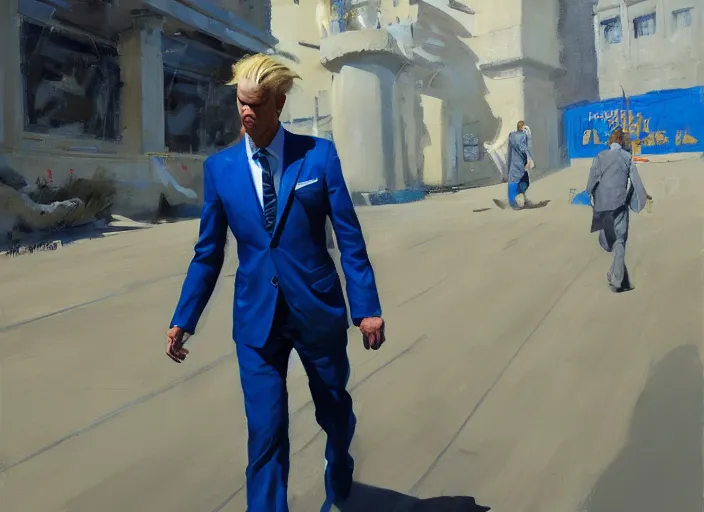 Prompt: greg manchess portrait of a defeated blond man in a blue suit on the ground in an arena, profile picture, organic painting, sunny day, matte painting, bold shapes, hard edges, street art, trending on artstation, by huang guangjian, gil elvgren, ruan jia, randy vargas, greg rutkowski