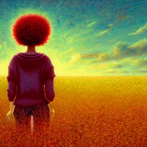 Image similar to giant red carnation afro head, full body, girl walking in the middle of a wheat field, surreal photography, hills, sunrise dramatic light, impressionist painting, colorful clouds, digital painting, pointillism, artstation, simon stalenhag