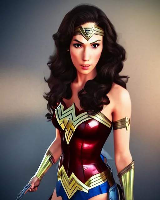 Image similar to stylish cute wonderwoman portrait hd sharp 3d model vray render with mix of gal Gadot and Linda Carter in Pixar squareenix GTA game anime manga style trending on artstation pixiv skeb