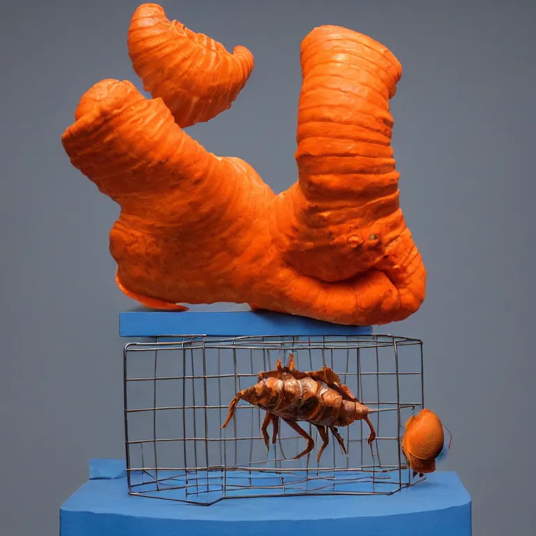 Prompt: hyperrealistic sculpture of a bronze conch snail hermit crab dusted with blue and orange spraypaint in a grid cage on a pedestal by ron mueck and duane hanson and lee bontecou, hyperrealistic dramatic colored lighting trending on artstation 8 k