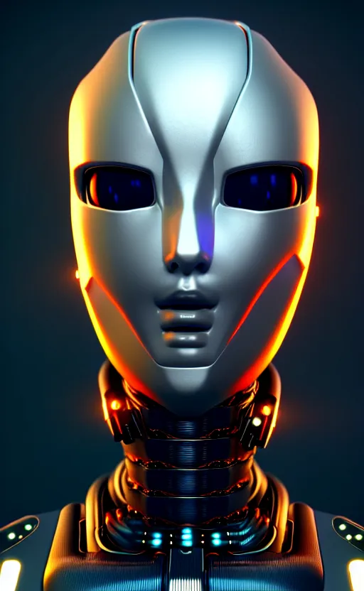 Image similar to friendly humanoid cyber robot, award winning, portrait bust, symmetry, faded colors, cypherpunk background, alan blackwell, masterpiece, trending on artstation, cinematic composition, beautiful lighting, hyper detailed!!!, 8 k, unreal engine 5