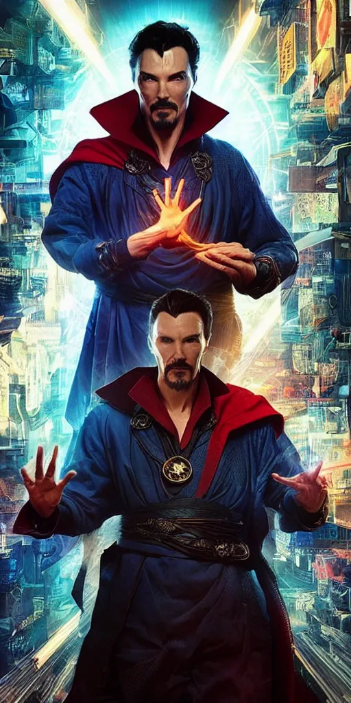 Image similar to cyberpunk, dr strange, photograph, cinematic,