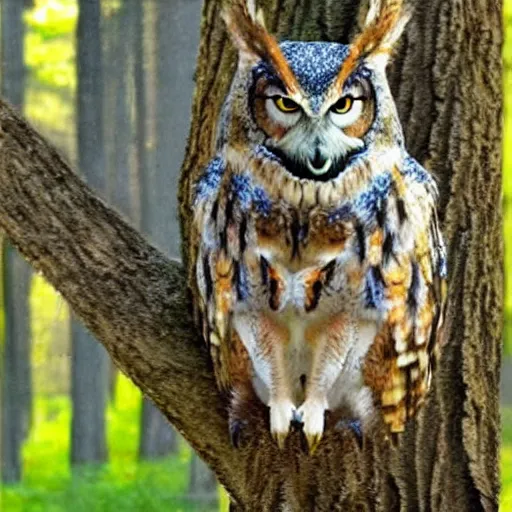 Image similar to mixture between an! owl and wolf, captured in a forest