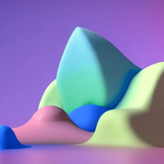 Image similar to A 3d render of several pastel colored liquid viscuous objects are melting together as a clay in a geometric shape with detailed shadow. Geometric shaped. render, low angle camera, detailed shading, vray octane, redshift. ray tracing. volumetric lighting. micro details, Hyper detailed, 8K3d, Trending on Artstation. rendered in cinema4d, Hyper realism.