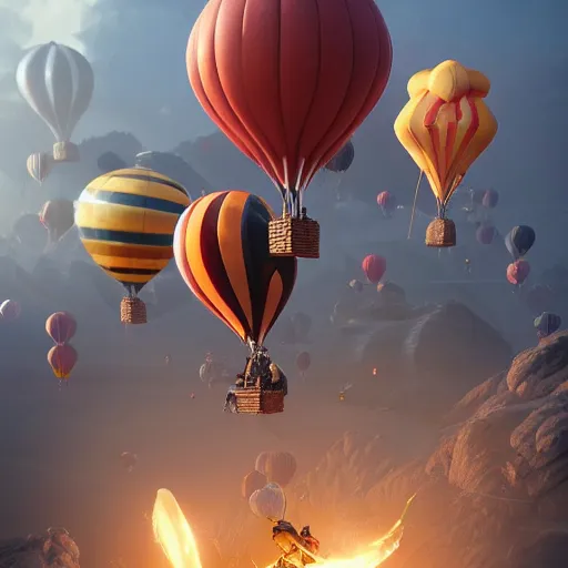 Image similar to hot hair balloons having an air battle with canons, art by artgerm and greg rutkowski and alphonse mucha, concept art, octane render, unreal engine 5, highly detailed, high quality, 8 k, soft lighting, realistic face, path traced