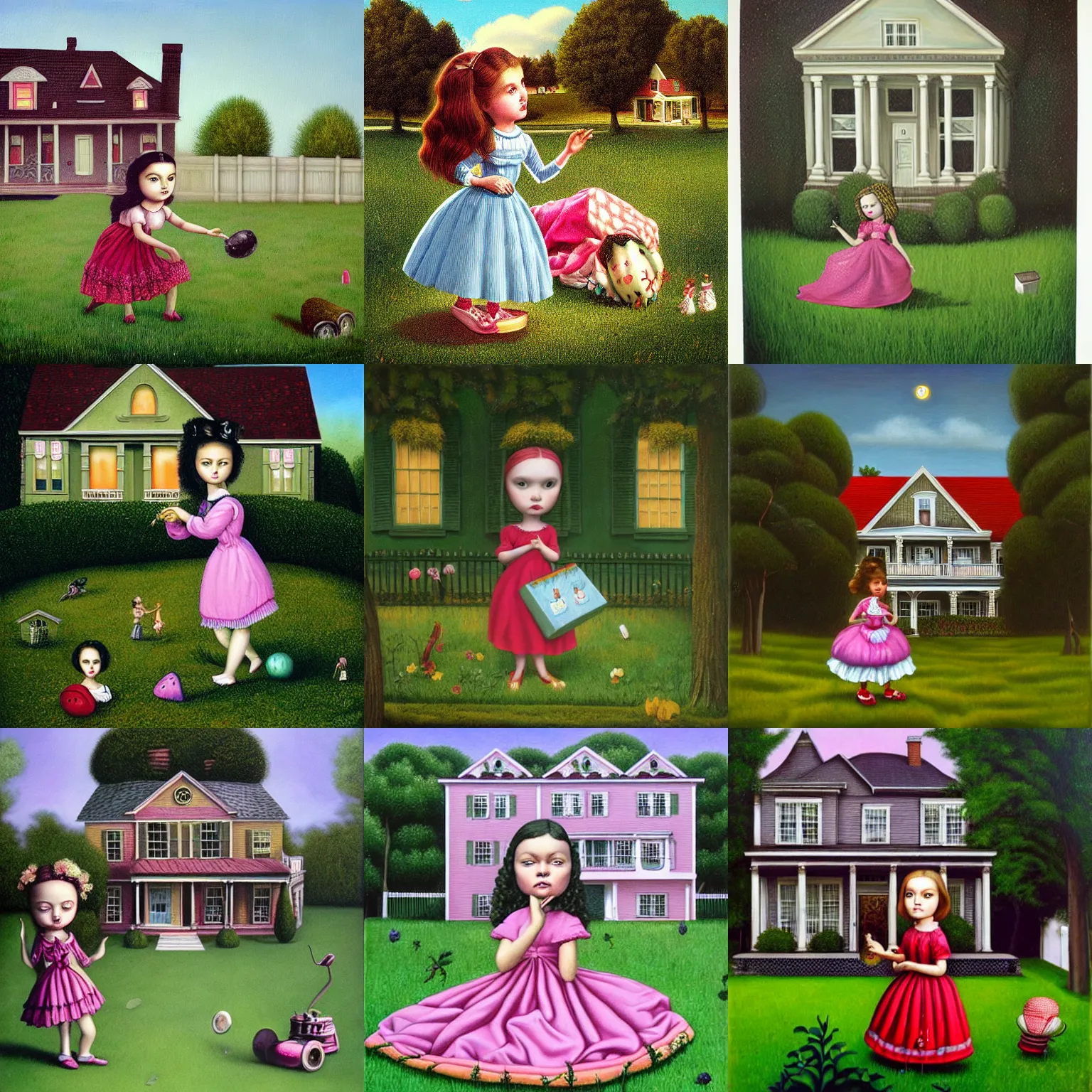 Prompt: a girl playing on the lawn in front of a house. painting by mark ryden.