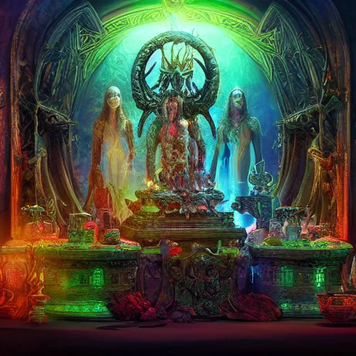 Image similar to Photorealistic magic elven shrine of the demon goddess. Hyperdetailed photorealism, 108 megapixels, amazing depth, glowing rich colors, powerful imagery, psychedelic Overtones, 3D finalrender, 3d shading, cinematic lighting, artstation concept art