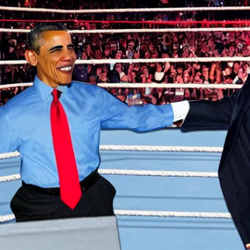 Prompt: Barack Obama and Donald trump in a wwe wrestling ring