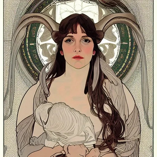 Prompt: amazing lifelike award winning poster illustration of woman with large curved mouflon ram horns from forehead and barn owl face in style of grays anatomy alphonse mucha cinematic