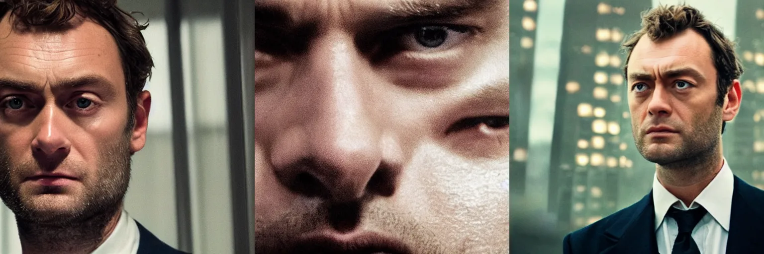 Prompt: close-up of Jude Law as a detective in a movie directed by Christopher Nolan, movie still frame, promotional image, imax 70 mm footage