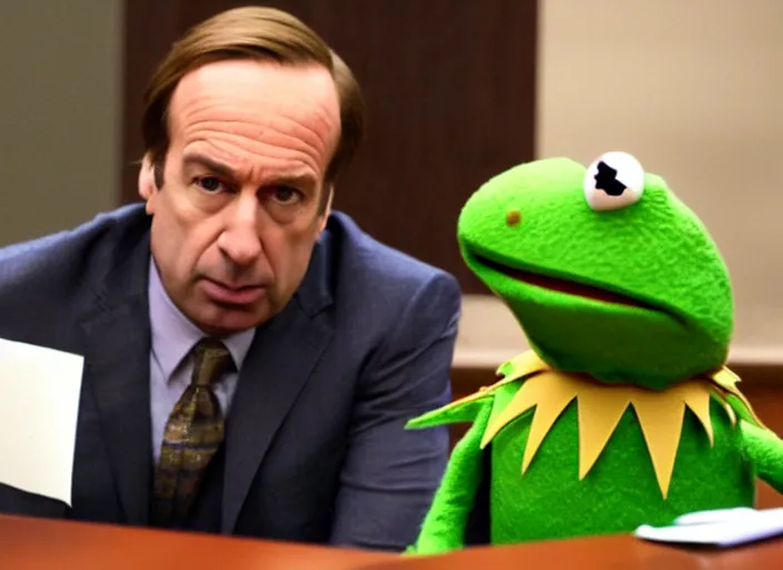 Image similar to saul goodman defending kermit the frog in court, still from better call saul