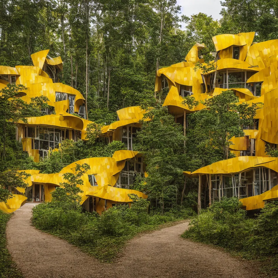 Image similar to a leveled house in a forest, designed by Frank Gehry. Tiles. Gravel pathway with parking. Film grain, cinematic, yellow hue