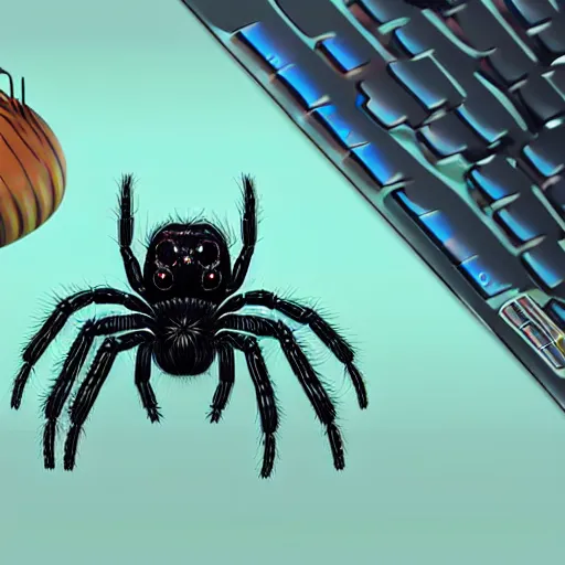 Prompt: a giant jumping spider using a computer keyboard, by pixar, iridescent, character concept art