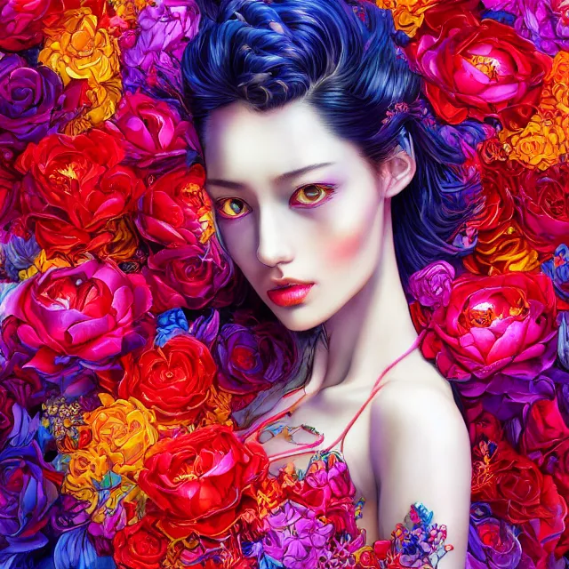 Image similar to studio portrait absurdly beautiful, elegant, graceful, young hypercolorful rainbow sensual gravure idol rubies red petals gems, ultrafine hyperrealistic detailed face illustration by kim jung gi, irakli nadar, intricate linework, sharp focus, bright colors, matte, octopath traveler, final fantasy, unreal engine highly rendered, global illumination, radiant light, intricate environment