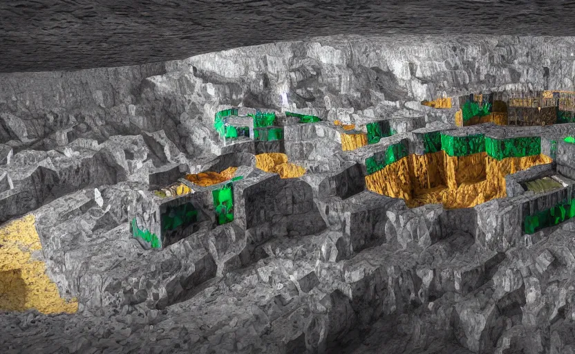 Prompt: ''A mine with walls full of ores, diamonds, emeralds, gold, sapphire, shining, dark, texture, realistic, ray tracing, 8K, micro details, digital art, nature colors''