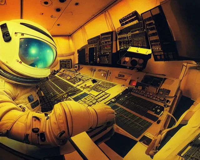 Prompt: an astronaut in a recording studio, looking at a glowing computer screen, using synthesizer, [ zero - gravity ]!!, [ everything is floating ]!!!, illustrated by greg rutkowski, [ digital art, synthwave art style ]!!, golden ratio!!, centered!!