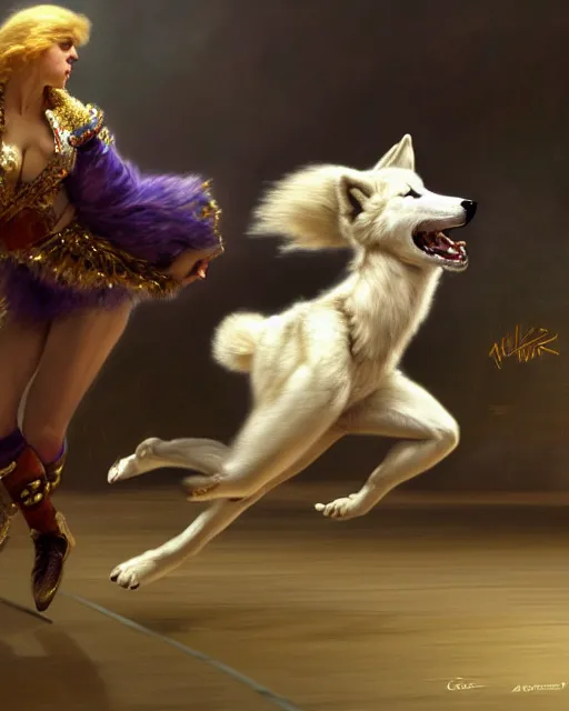 Image similar to a buff white female anthro wolf skating at a roller derby, 4 k, furaffinity, fursona, trending on artstation, energetic, speed, motion blur, by gaston bussiere, craig mullins, j. c. leyendecker, gustav klimt, artgerm, greg rutkowski, alphonse mucha