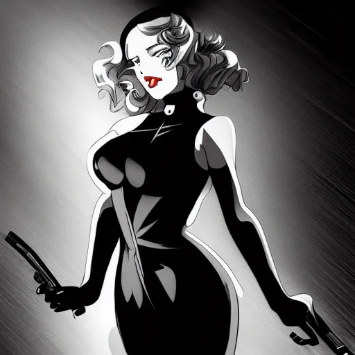 Prompt: anime femme fatale, film noir, black and white and red