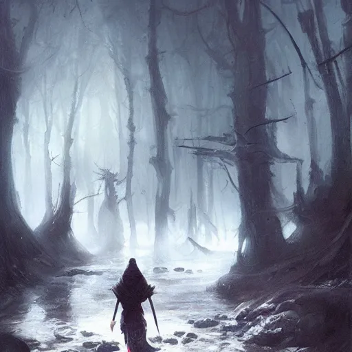 Image similar to abhorsen walking through river of death, oil painting, Tooth Wu, Greg Rutkowski, RPG portrait, dynamic lighting, fantasy art, High contrast, depth of field