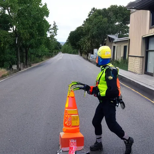 Prompt: a Patroller using their patroleon to help someone across the road