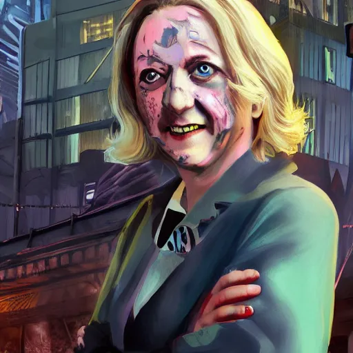 Image similar to painting of liz truss in racoon city full of zombies, hd, 4 k, 8 k artstation,