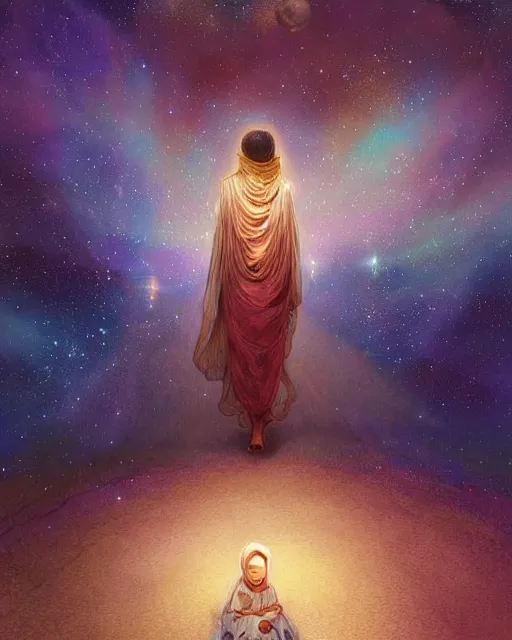 Image similar to bedouin child praying in galaxy walking towards mosque surrounded by nebula, highly detailed, gold filigree, romantic storybook fantasy, soft cinematic lighting, award, disney concept art watercolor illustration by mandy jurgens and alphonse mucha and alena aenami, pastel color palette, featured on artstation