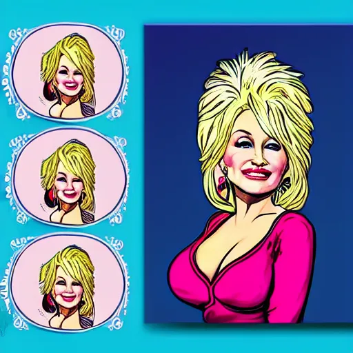 Image similar to dolly parton character sheet, illustration, sketch, portrait, gaudy colors, traditional painting, rough paper