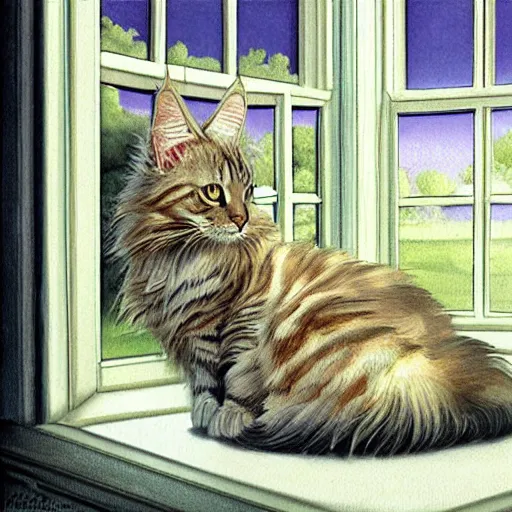 Prompt: portrait cream color maine coon cat curled up, bay window sofa, by Jeff Easley