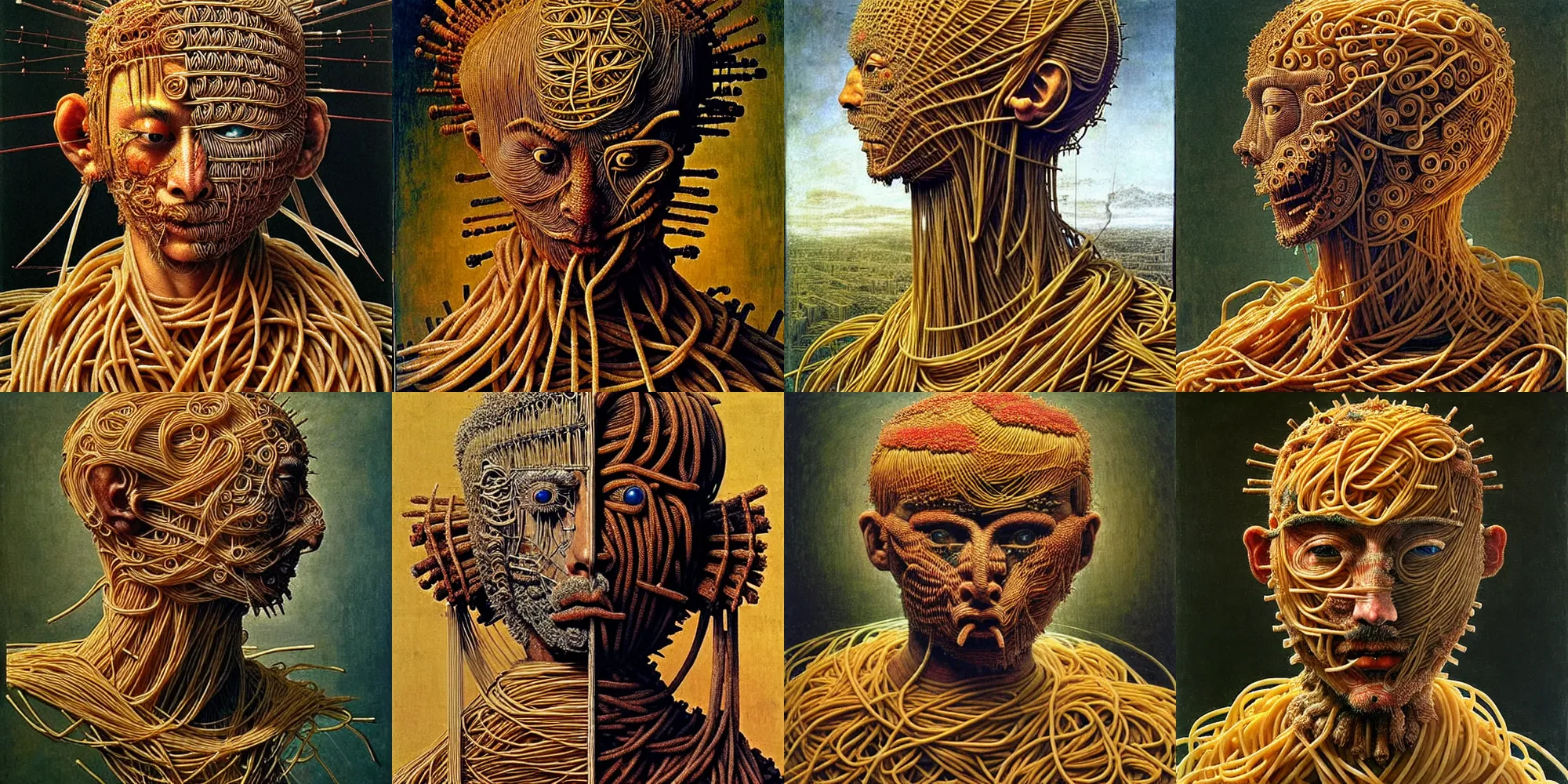 Prompt: full body and head of half boy half rhibo made of spaghetti, intricate armor made of spaghetti fractals, ancient warrior, samurai style, by giuseppe arcimboldo and ambrosius benson, renaissance, intricate and intense oil paint, a touch of beksinski, realistic