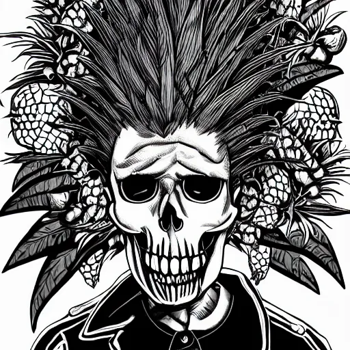 Prompt: mcbess illustration of a Skull with pineapple leaves as mohawk, wearing leather jacket with buttons and pins of anarchy signs, punk counterculture 1970s and 1980s, by Takeshi Obata in style of Death Note, portrait, half body shot, photographic, hyper realistic, ultra hd, 8K, cinematic lighting, Unreal Engine 5