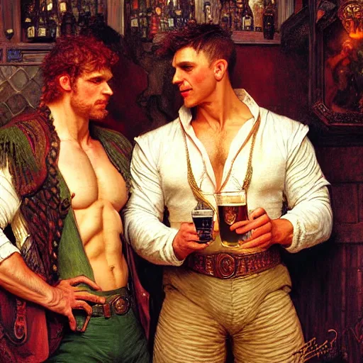 Image similar to attractive muscular arthur pendragon and muscular attractive merlin go to a pub together to have some drinks. highly detailed painting by gaston bussiere, craig mullins, j. c. leyendecker, alphonse mucha 8 k