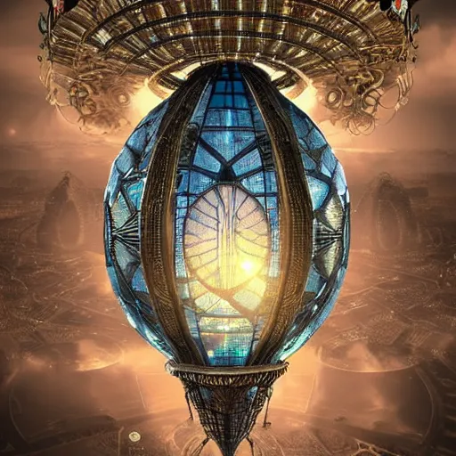 Image similar to enormous flying city in a faberge egg, sky, steampunk, fantasy art, unreal engine, intricate, intricate, intricate, intricate