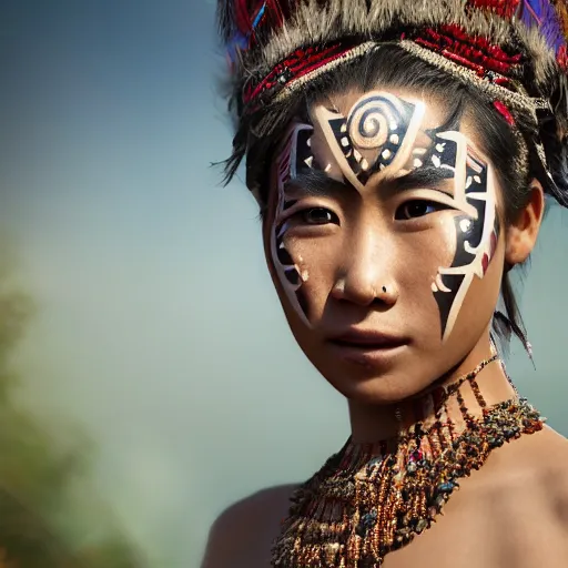 Prompt: portrait of a stunningly beautiful asian tribal female, small amount of traditional facepainting, depth of field, zeiss lens, detailed, symmetrical, centered, fashion photoshoot, by Annie Leibovitz and Steve McCurry, David Lazar, Jimmy Nelsson, Breathtaking, 8k resolution, extremely detailed, beautiful, establishing shot, artistic, hyperrealistic, beautiful face, octane render