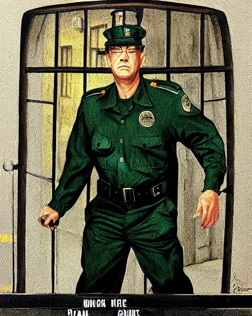 Image similar to tom hanks wearing prison guard uniform in the green mile, airbrush, drew struzan illustration art, key art, movie poster