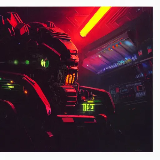 Prompt: a dark and colorful close - up of a sci - fi mecha tiger robot with led lights glowing fog in the background. highly detailed science fiction painting by norman rockwell, frank frazetta, and syd mead. rich colors, high contrast, gloomy atmosphere, dark background. trending on artstation