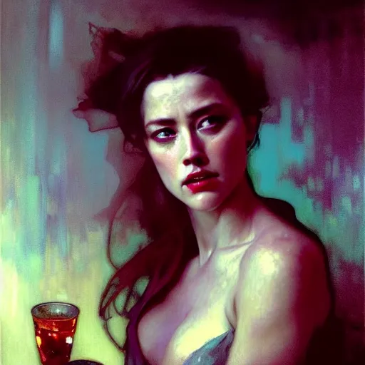 Image similar to hyperrealistic portrait of a woman as amber heard dining in hell by jeremy mann and alphonse mucha, fantasy art, photo realistic, dynamic lighting, artstation, poster, volumetric lighting, very detailed faces, 4 k, award winning