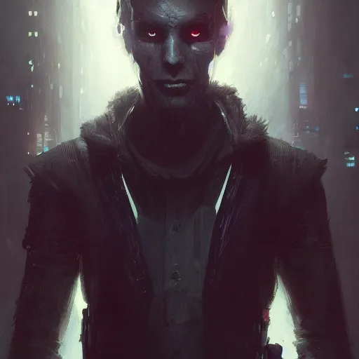 Image similar to young handsome man, cyberpunk, glowing eyes, high detail, dramatic light, digital art, dark, painted by seb mckinnon and greg rutkowski, trending on artstation