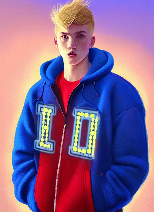 Image similar to portrait of high school senior boy named big moose, blonde short hair, jock, beefy, wide face, square jaw, square facial structure, blue varsity jacket with letter r, intricate, elegant, glowing lights, highly detailed, digital painting, artstation, concept art, sharp focus, illustration, art by wlop, mars ravelo and greg rutkowski