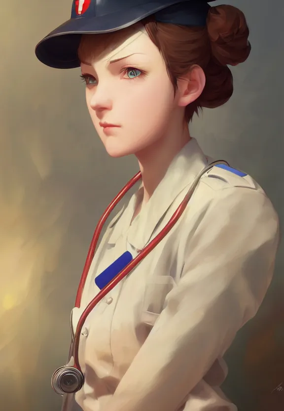 Prompt: a portrait of a tired female nurse in world war 2, 1 9 4 0 setting, vivid colors, soft lighting, atmospheric, cinematic, moody, in the style of ilya kuvshinov and range murata, krenz cushart, rule of thirds, oil on canvas, 8 k