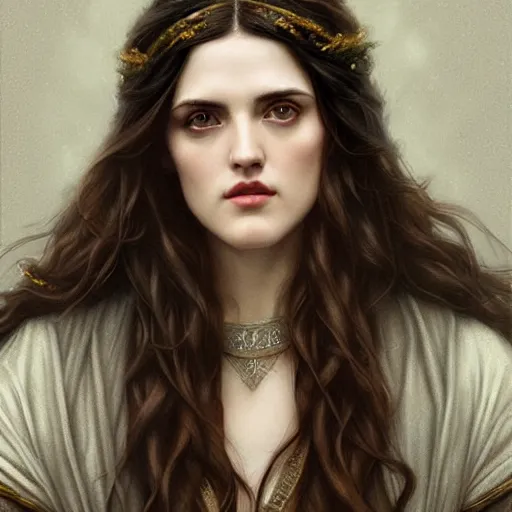 Image similar to beautiful striking Pre-Raphaelite Katie McGrath by Artgerm and Greg Rutkowski, intricate, elegant, highly detailed, digital painting, pale