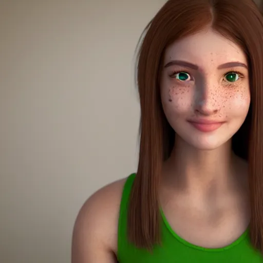 Image similar to Render of April, a cute 3D young woman, long shiny bronze brown hair, full round face, green eyes, medium skin tone, light cute freckles, light blush, smiling softly, wearing casual clothing, interior lighting, cozy living room background, medium shot, mid-shot, hyperdetailed, hyperreal, trending on Artstation, Unreal Engine, 4k