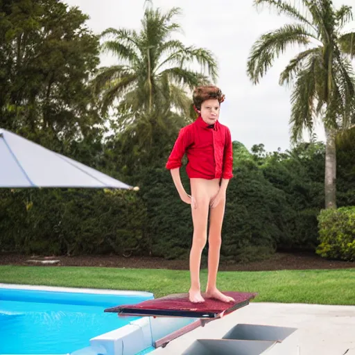 Image similar to young harry styles standing on a diving board above a pool, red weapon 8 k s 3 5, cooke anamorphic / i lenses, highly detailed, cinematic lighting