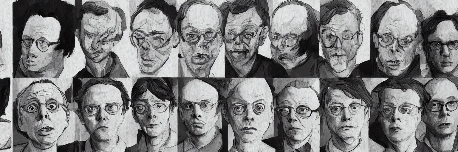 Image similar to character study of todd solondz and steve buscemi and paul dano, 2 0 2 2, clear faces, emotional, character sheet, fine details, concept design, contrast, kim jung gi, pixar and da vinci, trending on artstation, 8 k, full body and head, turnaround, front view, back view, ultra wide angle