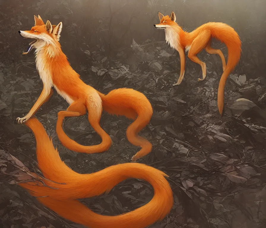 Prompt: three - tailed fox, realistic, canon eos, 4 5 mm bokeh, true anatomy, extremely detailed, detailed fur, unreal engine 5, rtx reflections, concept art by artgerm, greg rutkowski, alphonse mucha