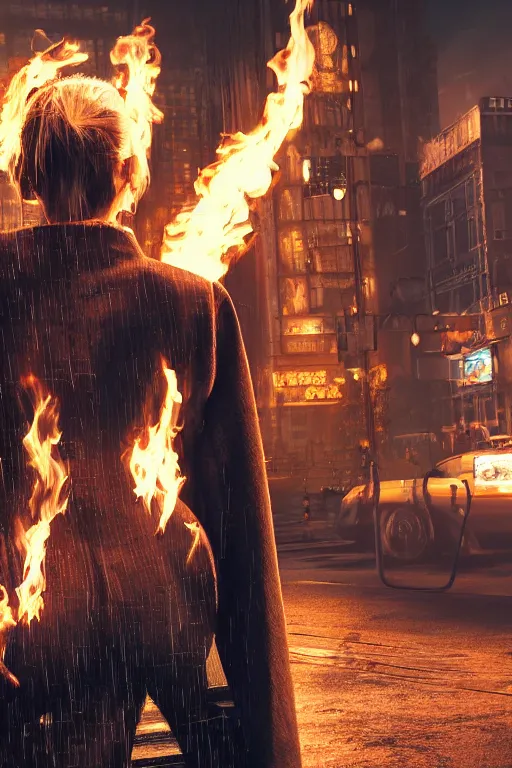 Prompt: in the foreground a street of Saint Petersburg, in the background a blonde woman from behind with flames coming out of her hands wearing a long jacket like a matrix, realistic, high definition, many details, dramatic scene, detailed and realistic hands, face symmetrical, realistic eyes, cyberpunk art 2077