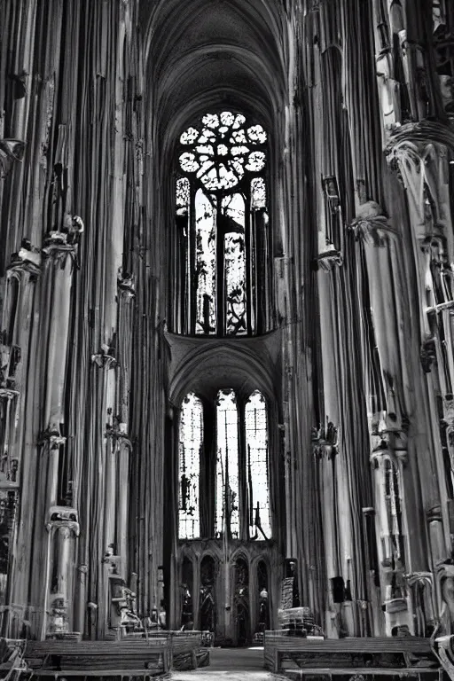 Prompt: A view inside phantom of spiritual gothic cathedral, with mistic crest on top